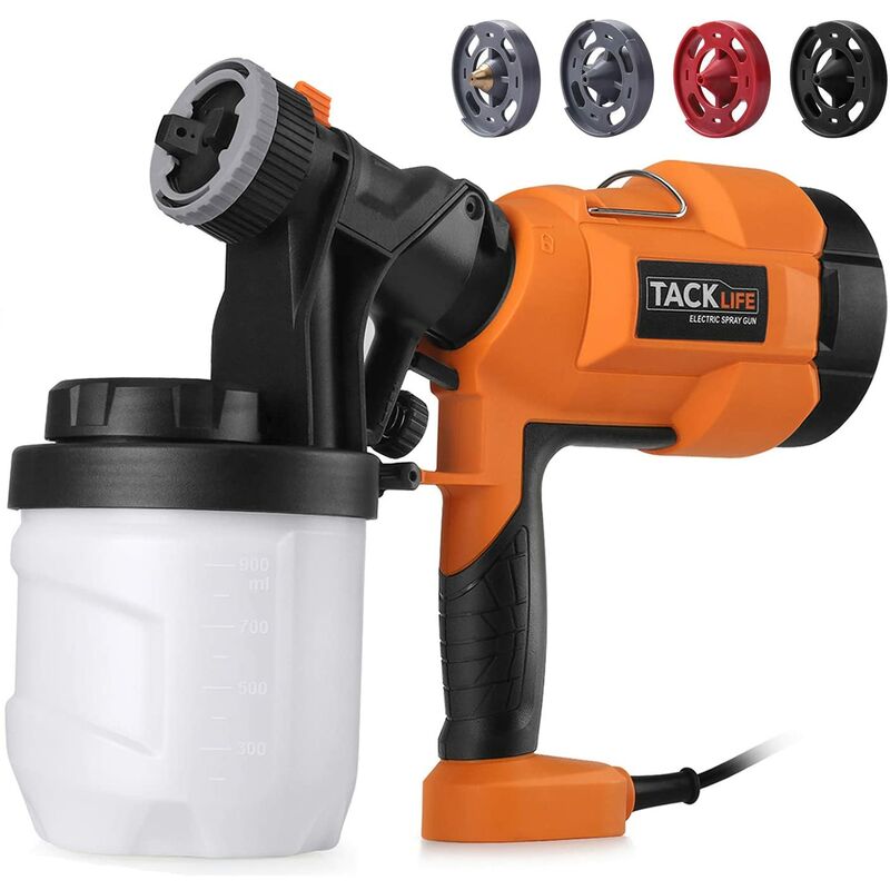 TACKLIFE Pistola de Pintura, Pistola de Pulverización Pintura Eléctrica, 800 ml/Min, 3 Modos de Pintar, con 4 Boquillas, 900 ml Recipiente de Pintura SGP15AC