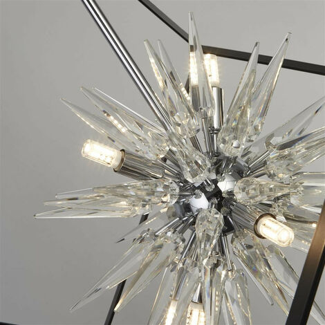 Searchlight Stellar Suspension boule à 6 ampoules Spike, cadre noir mat, verre cristal