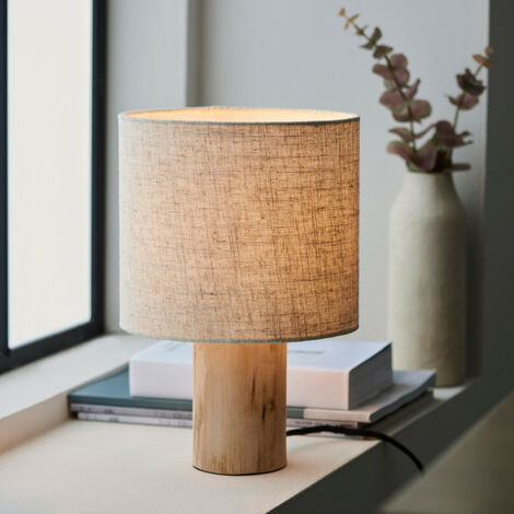 Endon Durban Lampe de table complète, bois d'eucalyptus naturel, lin naturel