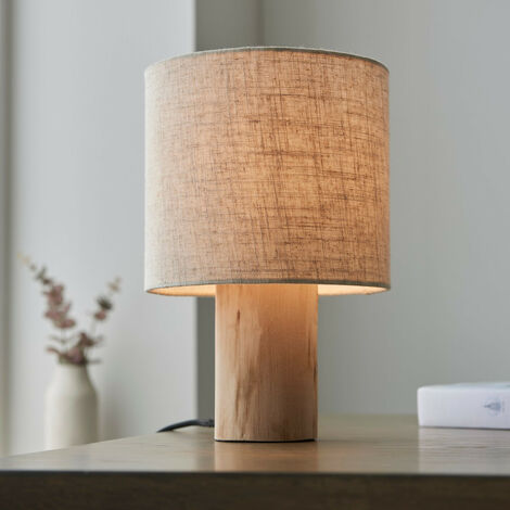 Endon Durban Lampe de table complète, bois d'eucalyptus naturel, lin naturel