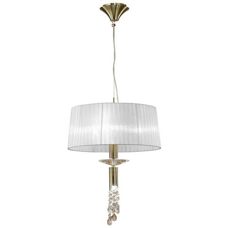 Inspired Mantra Tiffany Suspension 3+1 lumière E27+G9, laiton antique avec abat-jour blanc et cristal clair