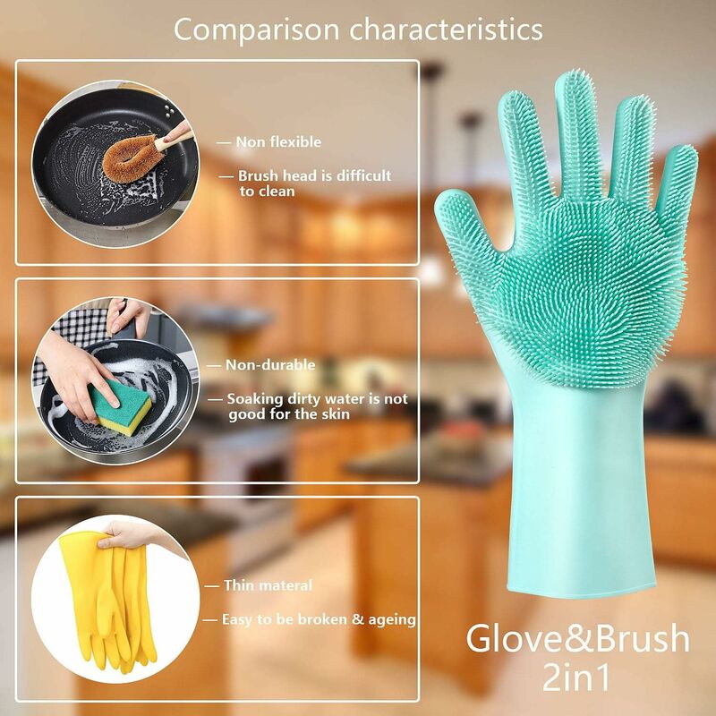 Gants Vaisselle en Silicone - Gants Menage avec Brosse de Nettoyage-  Ustensile de Cuisine - Réutilisable et écologique - Pour Nettoyer la  Maison, la Voiture, la Salle de Bain, les WC - Gris，