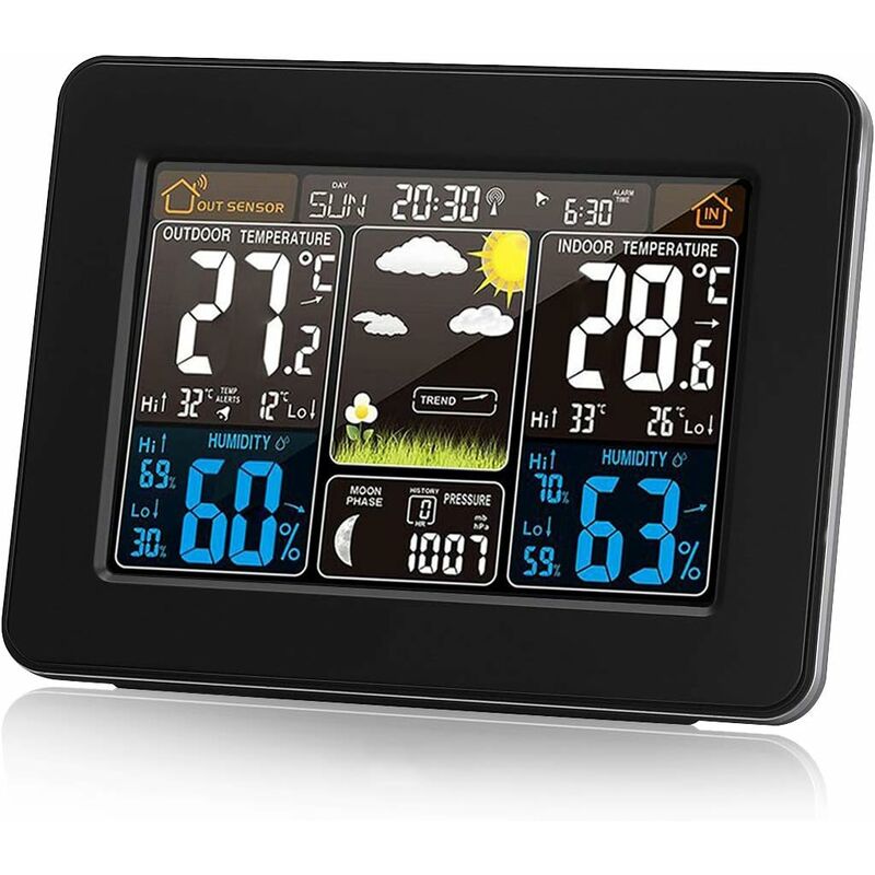 FISHTEC Station Meteo LCD Couleurs avec Capteur Exterieur Sans Fil - Previsions  Meteo J+3 - Grand Ecran LCD - Fonction Calendrier, Horloge, Alerte Gel