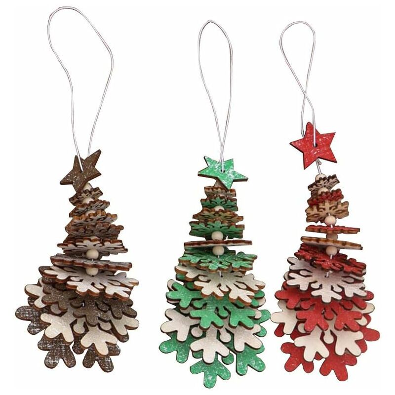 Queta - 4 Pendentifs De Noël En Bois Avec LED, Formes Sapin, Maison, Voiture, étoile, Pour Décorer Le Sapin