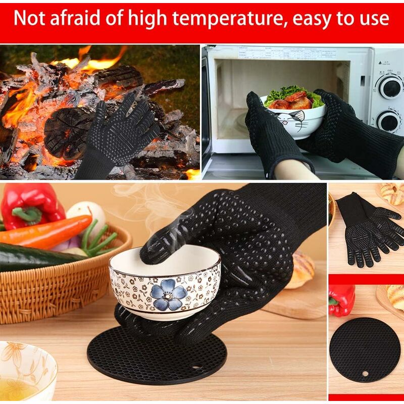 Gants De Four Anti-Chaleur Jusqu'à 800°C – Paire Avec Coussin Silicone, Antidérapants, Lavables (Certifié EN407)