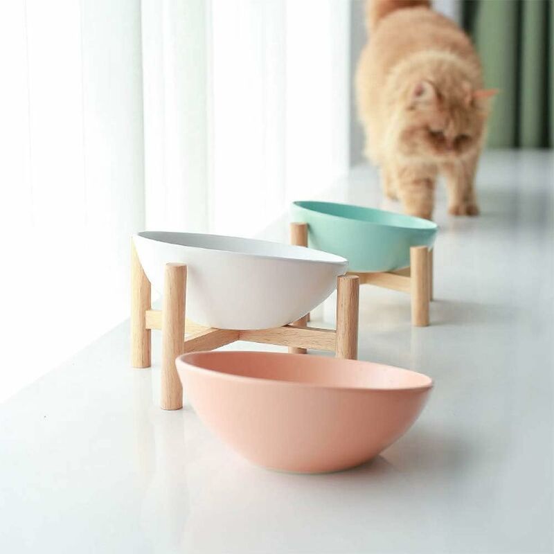 Gamelle Anti-glouton Chat – Céramique Sur Support Bambou, Labyrinthe, Ralentit Manger, Motif Fleur
