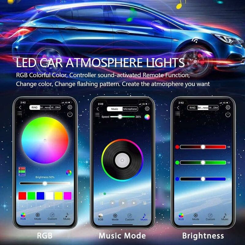 LED d'intérieur de voiture, TASMOR RGB LED Bluetooth de voiture avec  application, 48