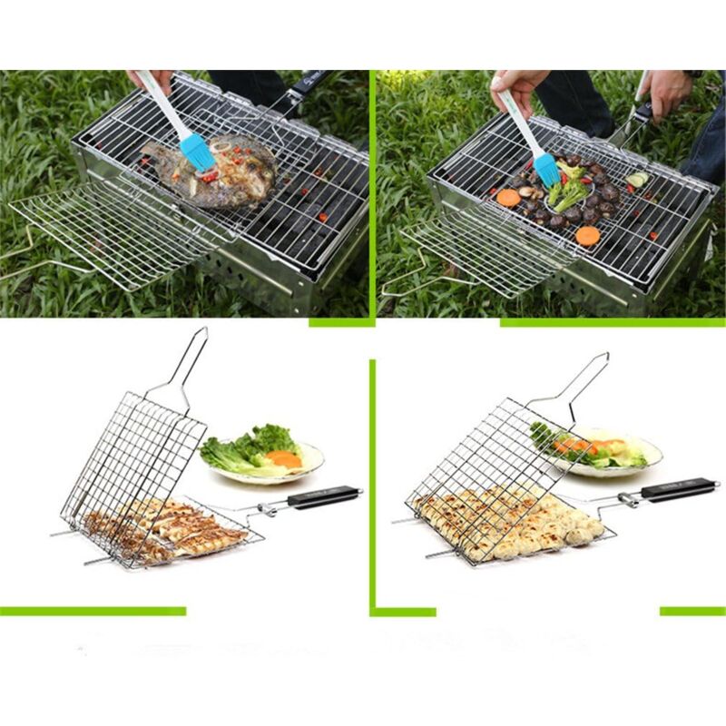Panier Grille Barbecue Acier Inoxydable - Pour Poisson, Steak, Légumes, Avec 2 Brosses Silicone