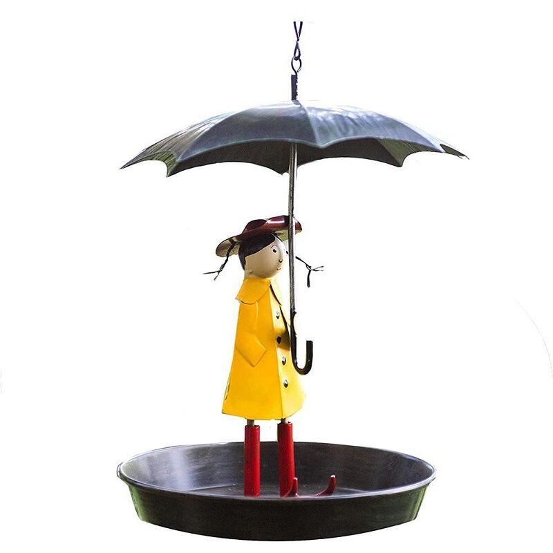 Mangeoire à Oiseaux En Métal Suspendue - Décoration Jardin Avec Parapluie Fille - Noir - 11.5x25cm
