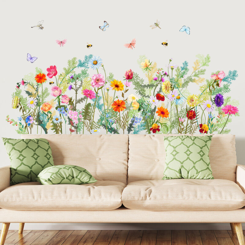 Autocollants Muraux Herbe Verte Et Papillons - 2 Feuilles 30x90 Cm, Amovibles, Pour Chambre Enfant, Salon, Déco Murale