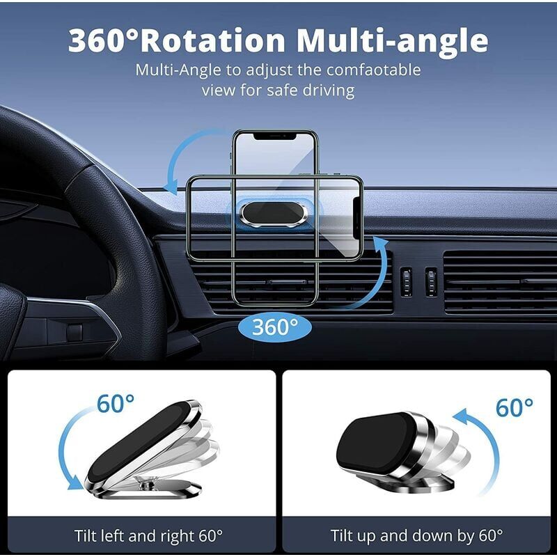 2 Supports Magnétiques Pour Téléphone Voiture - Rotation 360°, Fixation Sur Tableau De Bord - Aimant Puissant, Facile à Installer - 8