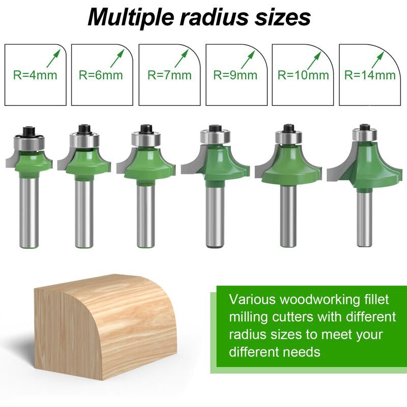 6 Fraises à Arrondir Bords Carbure Tige 8mm - Kit Routeur Bois Rayon 3 à 12,7 Mm NICAVKIT