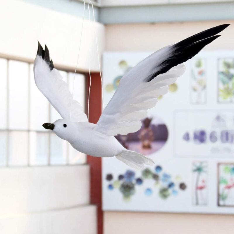 Décoration Murale Ou étagère : Mouette Artisanale En Mousse - Sculpture D'oiseau Volant Avec Plumes - Blanc