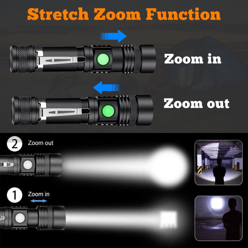 Torche de poche LED super lumineuse 8000 lumens Lampe torche tactique rechargeable haute puissance Lampe torche tactique portable étanche à 5 modes avec piles pour camping, randonnée
