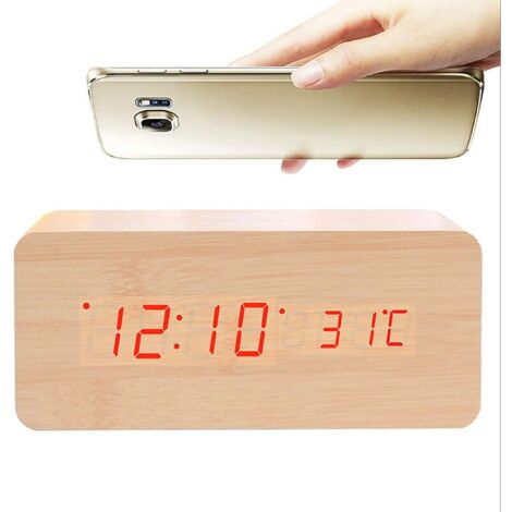 Horloge Numérique En Bois LED Avec Capteur Température/humidité - Grand écran, Commande Vocale, 3 Niveaux De Luminosité