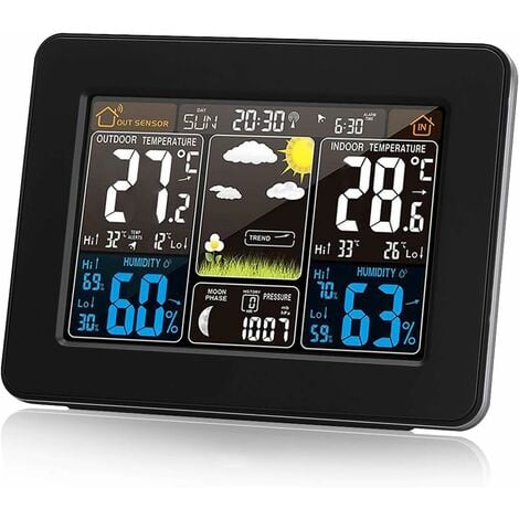 Station météo sans Fil avec Alerte et la  température/humidité/baromètre/Alarme/Horloge Lunaire/météo avec capteur  extérieur numérique à Affichage des