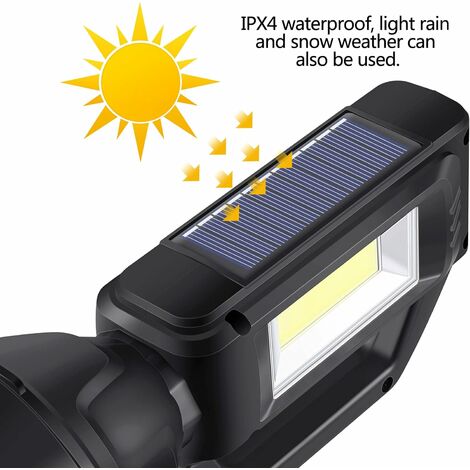 Lampe de poche solaire rechargeable 8 LED avec lumière latérale COB -  Luminosité élevée - 4 modes - Portable - Léger - Étanche - Pour la pêche,  le camping en plein air [Classe énergétique A+]