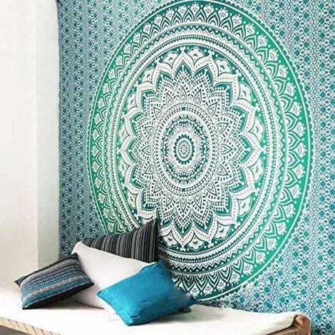 Tapisserie murale mandala en plumes de paon, rouge, orange, jaune, env. 210 x 230 cm, tapisserie indienne, faite main en Inde, 100 % coton. - France