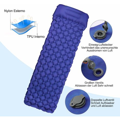 HI FINE CARE Tapis De Couchage Gonflable Ultra-Confortable Avec Oreiller Intégré Et Pompe à Pied – Idéal Camping, Randonnée, Voiture & Tente