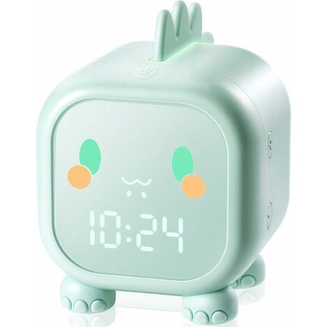 Réveil enfant veilleuse bébé 5 couleurs haut-parleur luminosité réglable  affichage du temps et température interne, vert