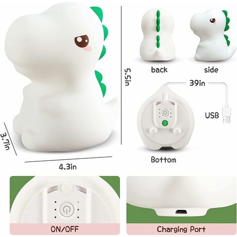 Veilleuse Dinosaure Rechargeable USB - Lampe De Chevet Tactile Pour Enfants, En Silicone Doux, Plusieurs Couleurs
