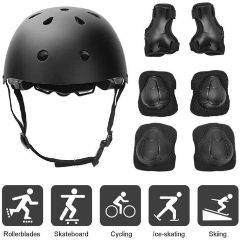 Ensemble De Protections GARVALON Adulte – Casque Noir, Coudières, Genouillères Et Protège-mains Réglables, En Plastique Et Coton, Pour Skateboard, Roller, Vélo