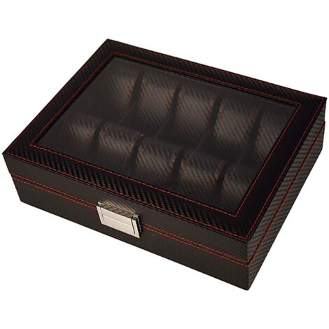 BEWISHOME SSH04BW Boîte De Rangement Pour Montres 20 Hommes Avec Charniere En Metal Noir Pu Cuir Avec Plateau En Verre Carbon Fiber 0