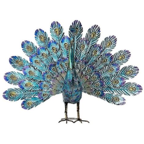 HEBEOT Statue De Paon En Métal Bleu - Décoration Jardin 43x33x20 Cm - Sculpture Extérieure Élégante