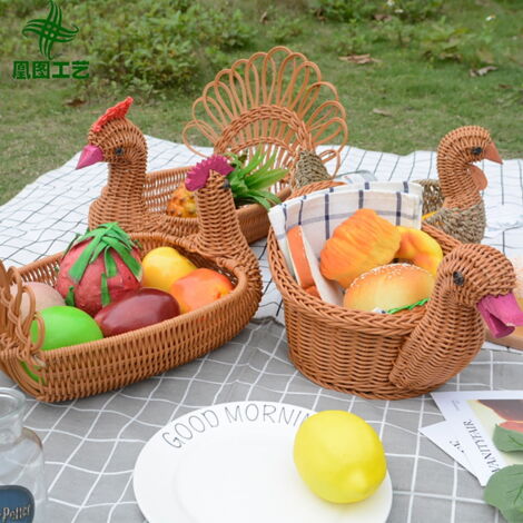 Panier En Rotin Vintage Avec Poignée – Déco Fruits – 28,5 X 21,5 X 8 Cm