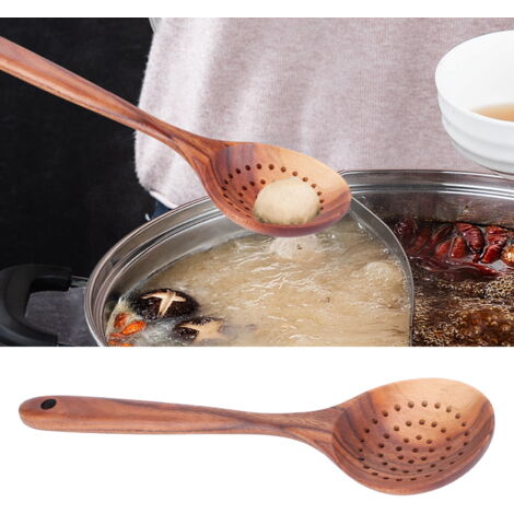Cuillère Écumoire à Fente Manche Bois – Louche Cuisine Solide Et Naturelle – Ustensile Anti-Adhésif Pour Soupes, Fritures