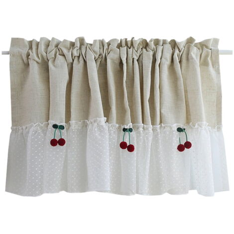 Demi-rideau Cuisine Style Rustique - 45 X 150 Cm - Coton Et Lin Avec Pompons - Dentelle Creuse - Lavage Main - 5