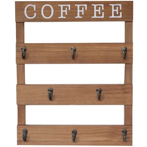 Porte-tasses En Bois Avec 6 Crochets - Support De Rangement Mural Multifonction, Base épaisse Stable, Couleur Noir - 3