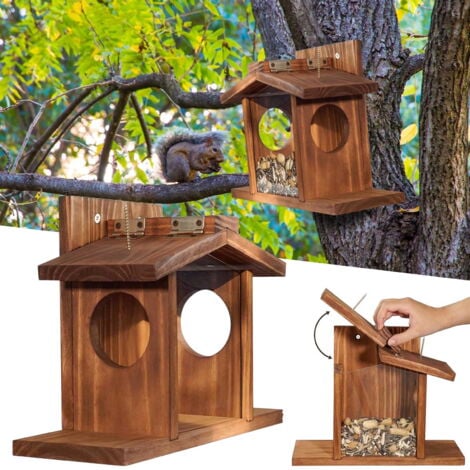 Mangeoire à écureuils en bois, mangeoires à écureuils pour l'hiver à l'extérieur, mangeoire à tamias en bois pour maïs, arachides, boîte durable facile à remplir