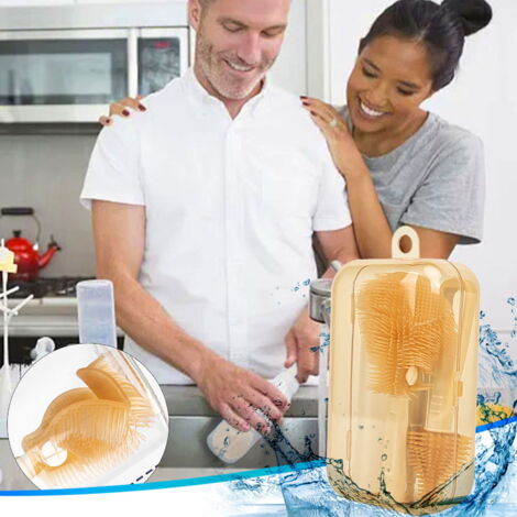Kit De Nettoyage Biberon En Silicone - 2 Brosses Et Porte-Sèche - Pour Biberons, Tétines - Facile à Utiliser Et à Ranger