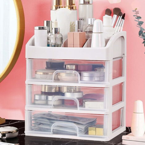 Organisateur De Maquillage 3 En 1 Avec Tiroirs - Rangement Pinceaux, Cosmétiques, Blanc, 36x19x26 Cm