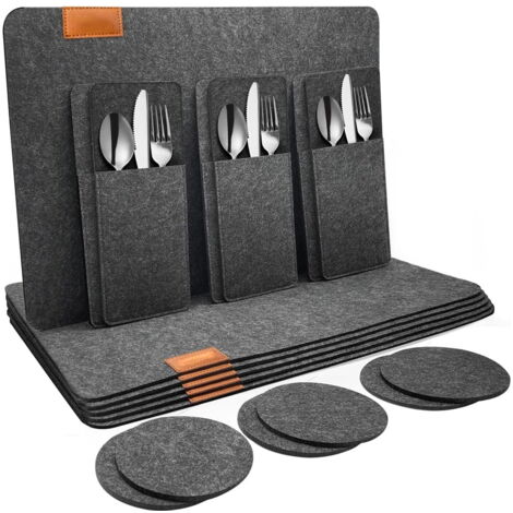 18 Pièces Sets De Table En Feutre Vert Forêt - Sets Table Lavables Avec Poches Couverts Et Sous-Verres