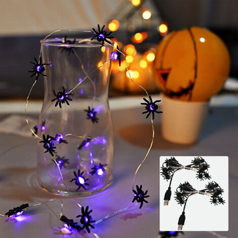 Guirlande Lumineuse Araignée D'Halloween, 2 Pièces, 2 M, 20 LED Violettes, à Piles, Pour