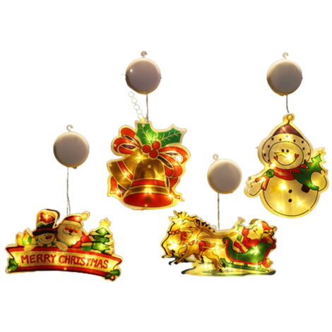 Guirlande LED Noël à Ventouses - 6 Pièces, 3 Modes, Motifs 3D (sapin, Père Noël, Flocons), Piles AAA