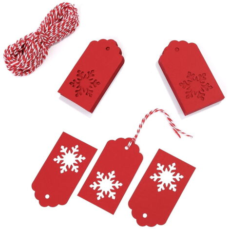 Lot De 100 étiquettes De Cadeau De Noël Avec Ficelle Flocon De Neige En Papier Kraft Balises Avec 100 Pieds Ficelle De Jute, Red