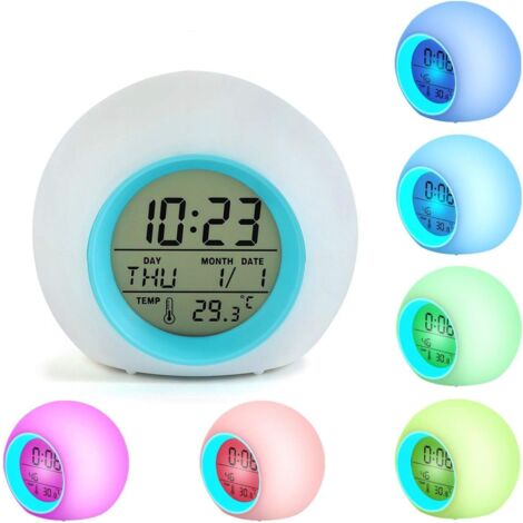 Réveil numérique LCD pour enfants, avec 5 couleurs de veilleuse et