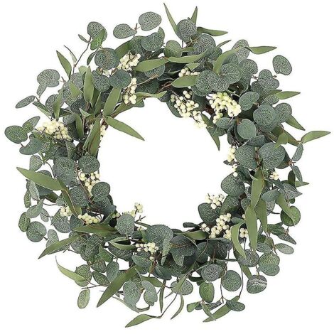 Couronne Eucalyptus Artificielle Verte 50 Cm - Déco Porte, Mur, Jardin - Baies Incluses - Sans Entretien - Style Naturel - 12