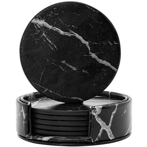 Lot De 6 Sous-Verres Ronds En Similicuir Coolty Avec Support - Noirs, Résistants à La Chaleur