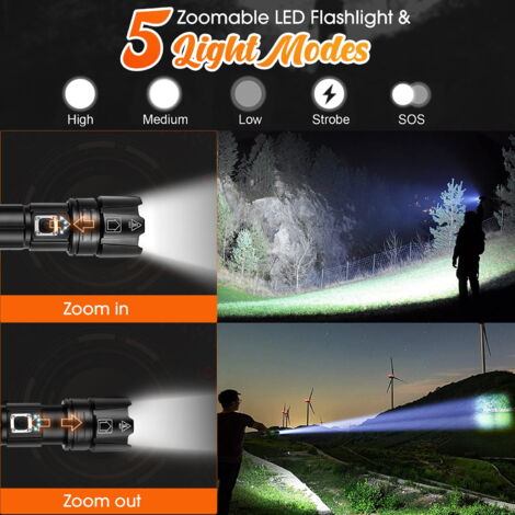 Lampe De Poche LED Rechargeable 100 000 Lumens - Très Puissante - Noire - Neuf - Pour Extérieur, Urgences