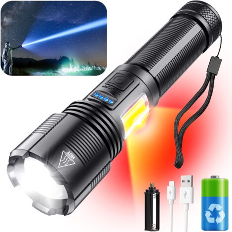 Lampe Torche Rechargeable USB E26 - 1800 Lumens, Faisceau Vert + UV + Blanc, étanche, Aluminium