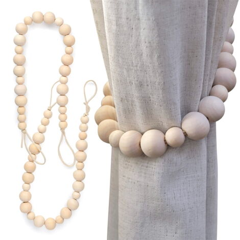 Lot De 2 Embrasses Rideaux En Perles De Bois - Style Bohème, Naturel - Porte-rideau Déco