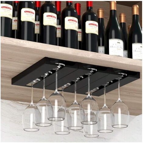 Dwitkul 4 Pièces Porte-Verres à Vin Suspendu Sous Armoire - Sans Perçage, Support Verre à Pied Noir Pour Cuisine, Bar Et Restaurant