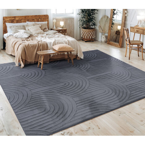Paco Home – Tapis shaggy poils ras 80x150 cm – Motif géométrique boho – Polyester certifié OEKO-TEX – Doux et facile à nettoyer – Anthracite
