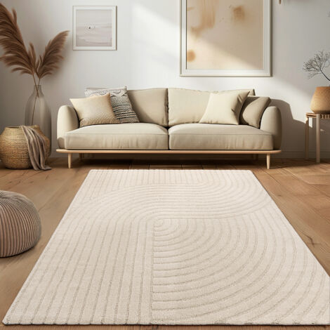 Paco Home Tapis De Salon Scandinave Court Japandi Boho Motif Arc-en-ciel 3D Uni Crème 160x220 cm