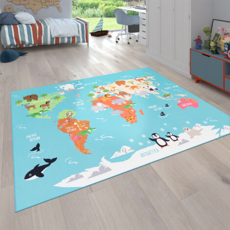 Paco Home Tapis pour enfants, Tapis de jeu pour chambres d'enfants, Carte du monde avec animaux, En vert 100x200 cm
