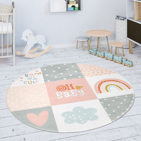 Tapis D'Enfant Rond Losanges Gris Rose Blanc – Tapis De Jeu Bébé Chambre 120 Cm – Doux, Lavable & Compatible Chauffage Sol